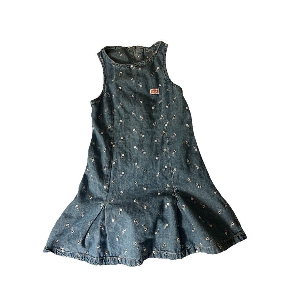 Vintage Guess Denim Dress Girls 7 Floral Sleeveless 90s Y2K Style